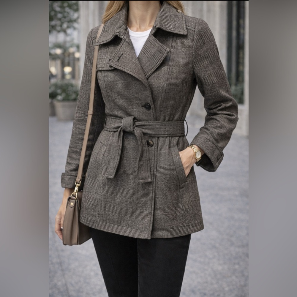 Banana Republic Black Plaid Short Trench, Size 2 - Picture 1 of 8